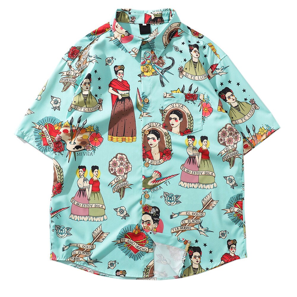 Herrskjorta polyestertryck manliga hawaiianska strandskjortor sommar kortärmade tryckta lösa skjortor: Ljusblå / 2xl