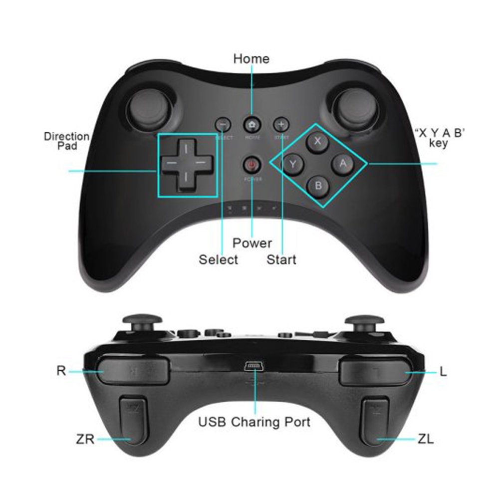 Ergonomic Wireless Controller Gamepad Joypad Joystick Remote Black Wireless Controller Suitable for Nintend Wii U Pro