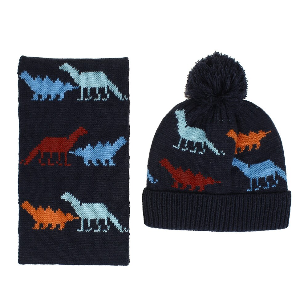 Europa amerika herfst winter baby kerstmis cartoon patroon warm jongens meisjes kindermuts en sjaal 2pc sets: Dinosaurus marine