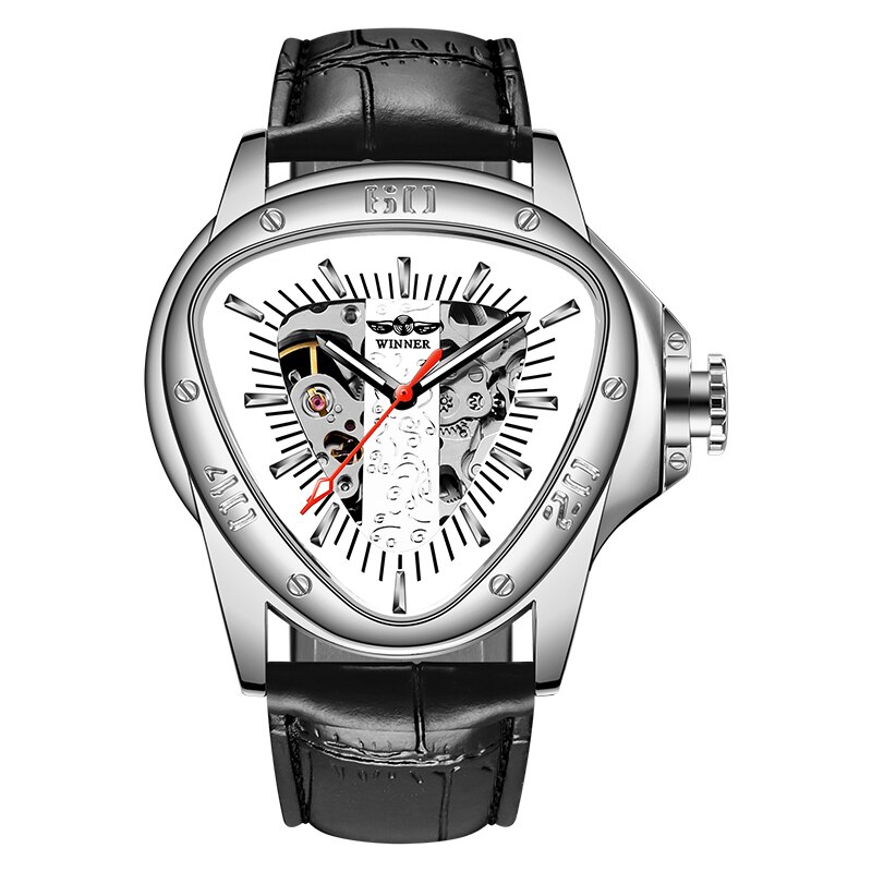 WINNER Men Automatic Mechanical Watches Steampunk Triangle Golden Skeleton Movement Mysterious Luminous: silver white