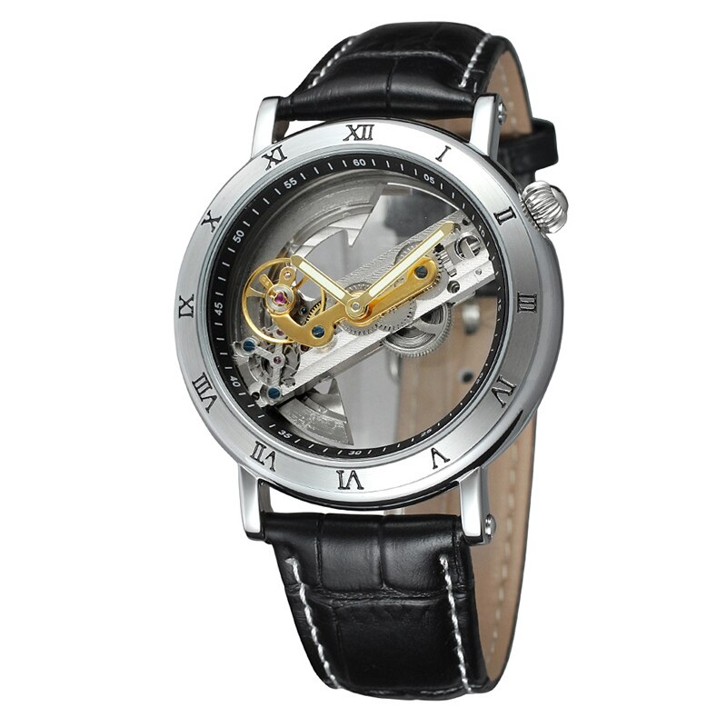 Speciale Transparante Case Skeleton Sport Mannelijke Waterdichte Mechanische Horloges Heren Lederen Automatische Tourbillon Horloges: silver black