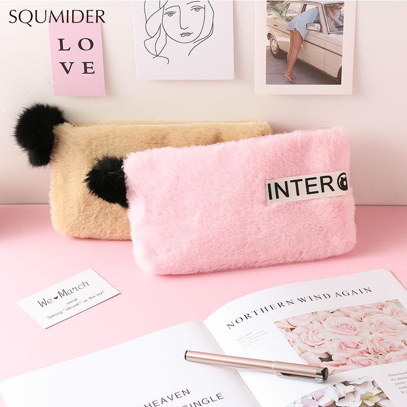 Trousse à crayons en peluche multicolore en option, jolie trousse à crayons en peluche douce pour fille, kawaii, boîte de bureau, sac de papeterie , fournitures scolaires