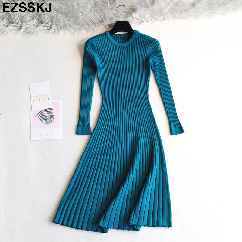 Vestido femenino de punto grueso con manga larga para otoño e invierno, traje básico con cuello redondo para mujer, corte en A, informal