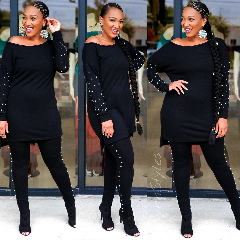 African Sets For Women Long Sleeve Beading Black African Elastic Bazin Baggy Pants Rock Style Dashiki Famous Suit Lady