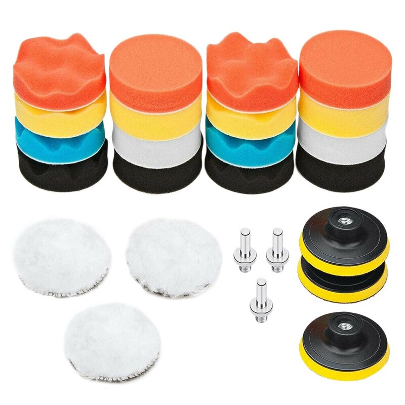 25PCS 3 Inch Polishing Buffing Pad Kit With Suction Cups, Drill Adapters, Sponge Polishing Pads, Wool Buffer Pads