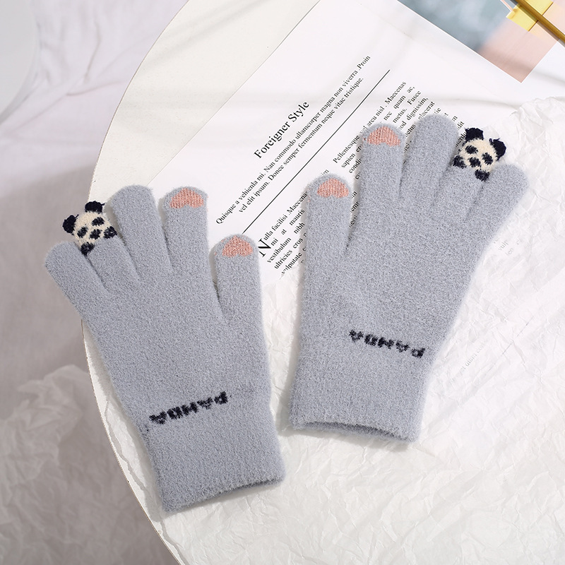 Mode Winter Pluche Handschoenen Stretch Gebreide Handschoenen Voor Meisjes Leuke Koude Warme Handschoenen Cartoon Panda Kids Handschoenen: GRAY