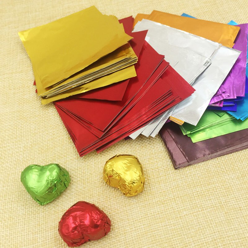 100 pièces chocolat emballé papier aluminium feuille de sucre couleur aléatoire 10*10 cm
