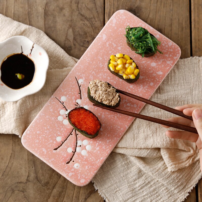Japanese Style Rectangle Sushi Plate Ceramic Underglaze Cake Fruit Dessert Flat Plate Restaurant Cold Dish Tableware