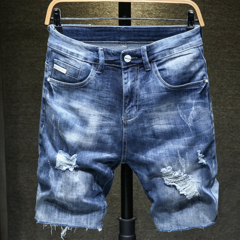 Summer Men's Ripped Short Jeans Casual Trend Stretch Blue Denim Shorts Male Brand Clothes