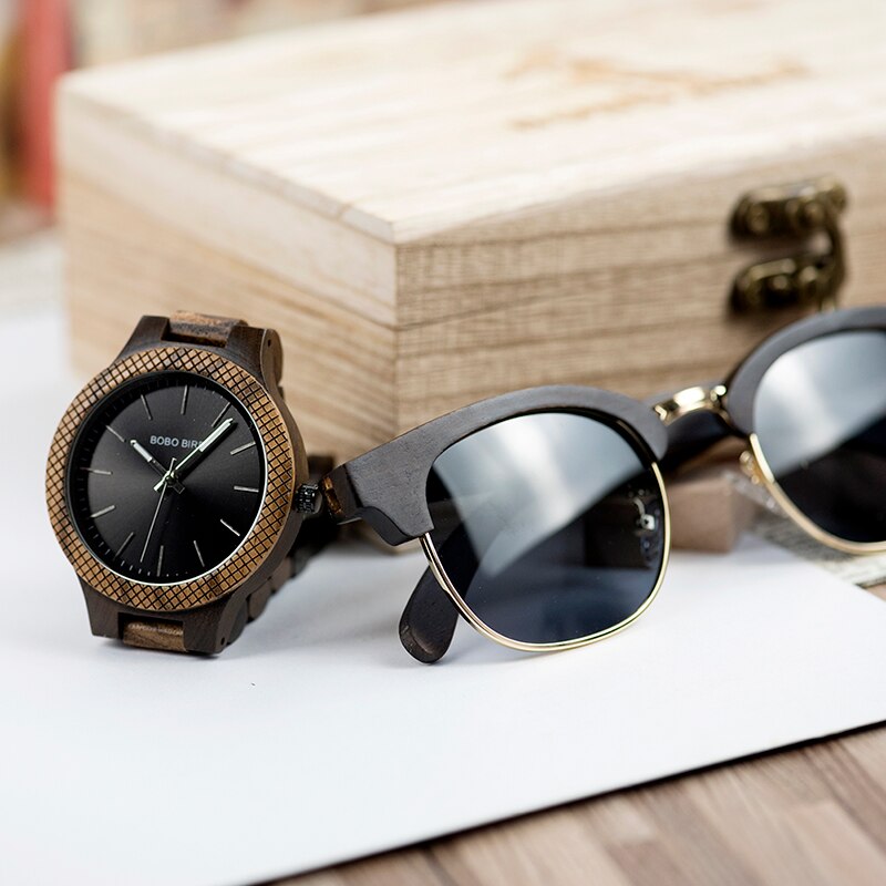 BOBO BIRD-gafas de sol de reloj para hombre, conjunto de relojes de madera de cuarzo con movimiento japonés, para hombre