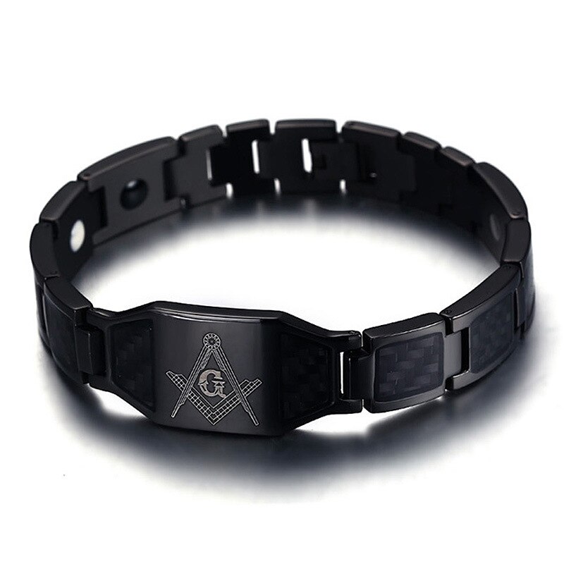 Pulseras de fibra de carbono de 12mm para hombre, pulseras de cadena de eslabones magnéticos de salud masculina, brazaletes de terapia magnética masónica Bileklik: Black Masonic