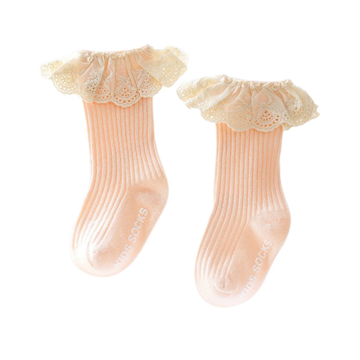 Calcetines de encaje de princesas para niñas, medias con pegamento antideslizante de tubo mediano, medias tejidas con volantes y ojales para niños: Rosa / 0 to 1 years