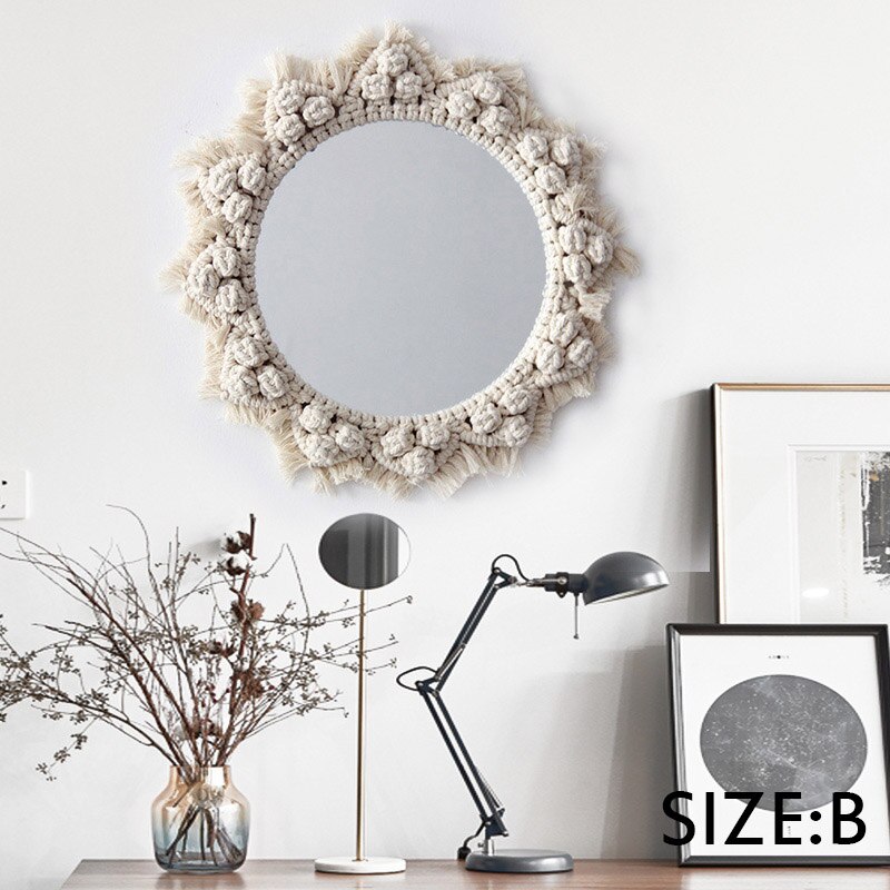 Bohemisk dekor vägg hängande vardagsrum speglar cirkel stor blomma vintage glas macrame mandalahome sovrum vägg deor spegel