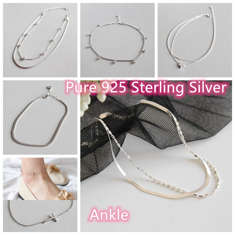925 Sterling Zilveren Enkelbandje Voor Vrouwen Dubbele Snake Chain Vijfpuntige Ster Meisje Vriendschap Party Beach Sieraden Metalen kralen