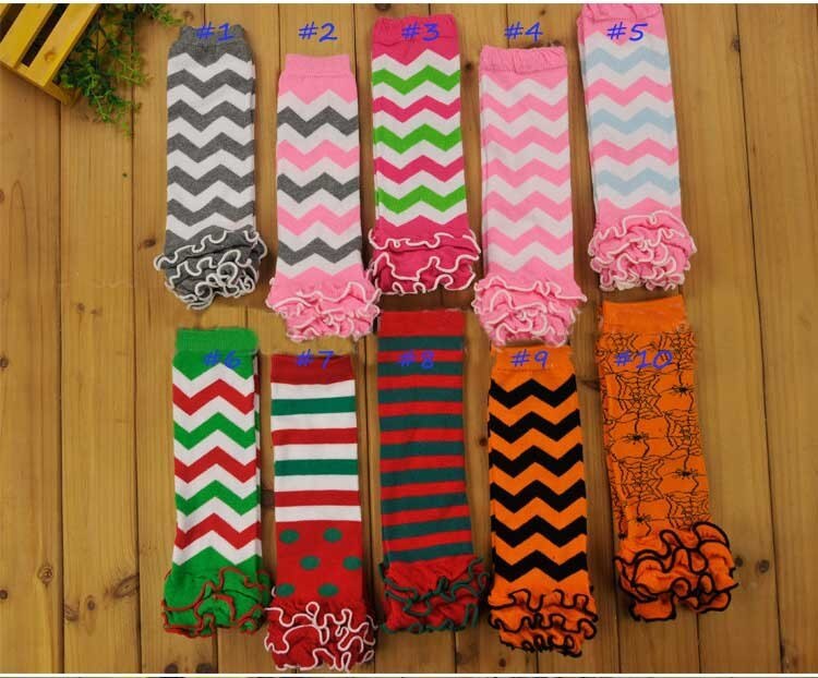 1 par de natal Halloween Chevron Zig Zag Cotton bebê Ruffle polainas para as meninas 10 cores