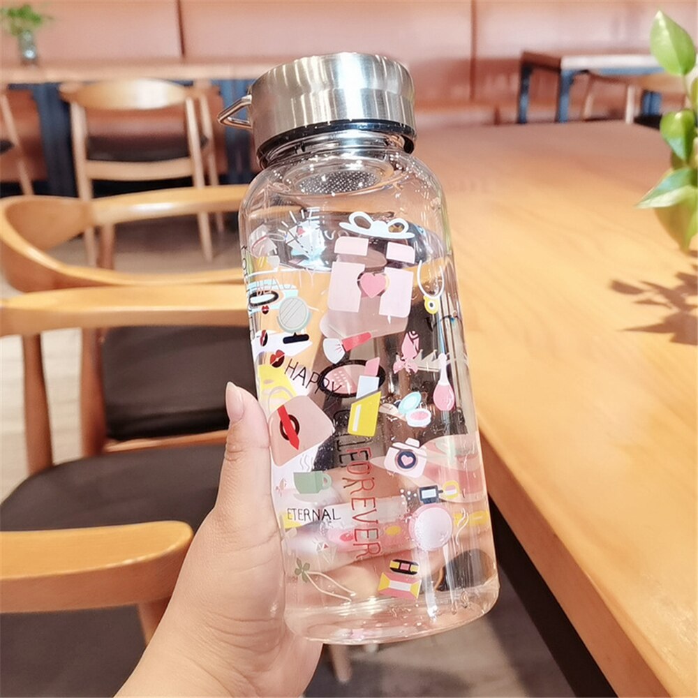 Botellas de vidrio de gran capacidad para niños y niñas, botella de agua creativa sin BPA, taza de viaje para escuela, café y té, 1000ml: Rosa
