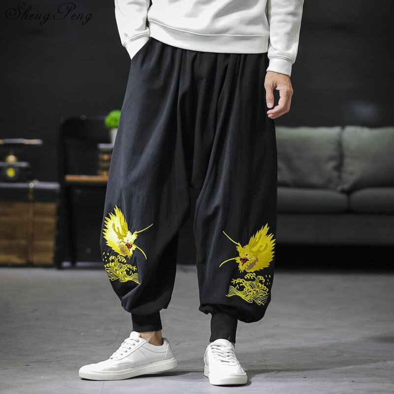 Chinese stijl broek oosterse mannen kleding traditionele borduurwerk shorts traditionele chinese broek voor man kung fu broek V1779