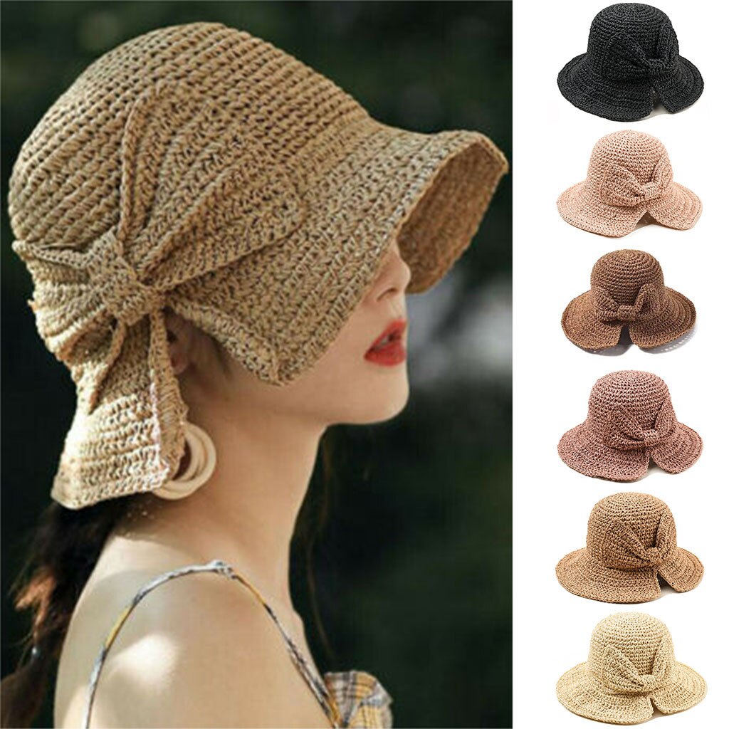 Strå sommerhatte kvinder damer foldbar strandsolhat skyllet 1pc hat