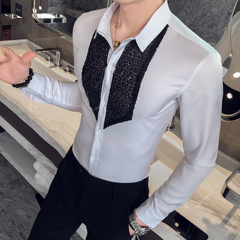 Sommerskjorte elegant herreskjorte paljettdekor langermet herreskjorte slank passe smokingskjorte koreansk kjole kommode asiatisk størrelse: Hvit / Asia 4xl