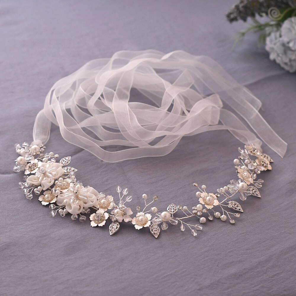 TRiXY SH275 Luxury Western Belt Silver Sash Belt for Wedding Dress Women Pearl Belts for Bridesmaid Flower Bridal Belt: ivory orgaza