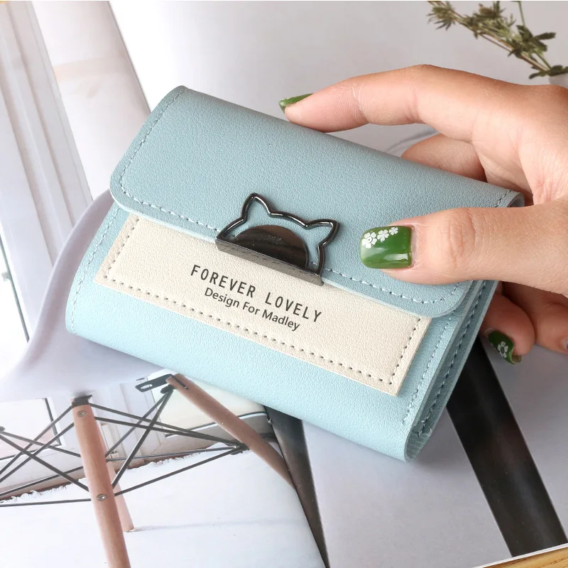 Cartera pequeña con orejas de gato para mujer, minibilletera bonita con único, monedero pequeño con hebilla de Metal contrastante, monedero portátil,: Beige