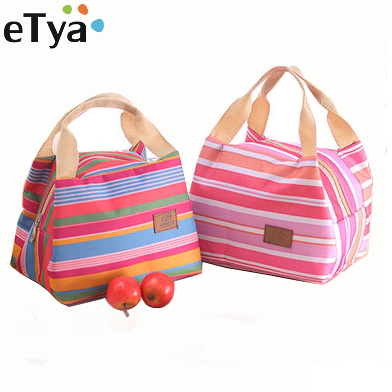 eTya Stripe Insulated Lunch Bag Tote Travel Picnic Bags for Women Men Kids Fresh Cooler Thermal Food Storage Lunch Box