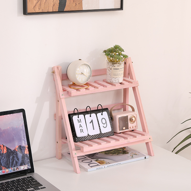 Étagère de rangement en bois à 2 niveaux, 1 pièce, organisateur de bureau, présentoir de bureau trapézoïdal, papeterie de bureau: Rose