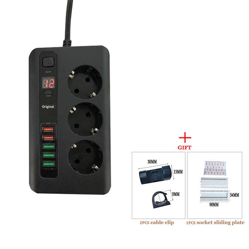 24 Hours Timer Power Strip Surge Protector 3 EU Plug Outlets Electric Socket with 5USB Charger Adapter Dock 5V 3.4A 2m Cord: EU  black