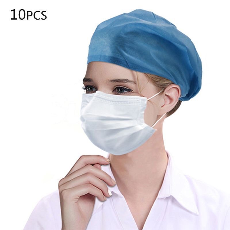 10Pcs Non-Woven Disposable Bouffant Cap Waterproof Dust Proof Elastic Workspace Hair Net Hat for Doctor Nurse Food Service Salon