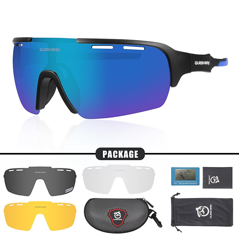 QUESHARK Fietsen Bril Gepolariseerde Fiets Bril Racing Eyewear Voor Mannen Vrouwen Sport Bril: Black Blue