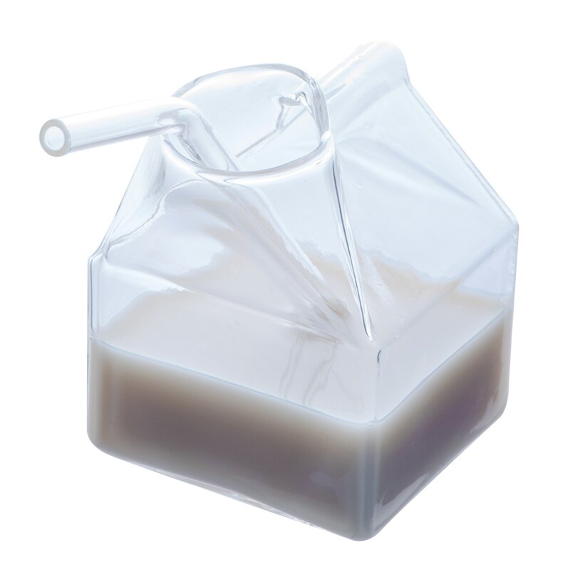 Melkeglasskopp 250ml mini melkekartong fløtekannen morsom varmebestandig glasskopp søt krystalljuice morgenkopp: Kopp med sugerør