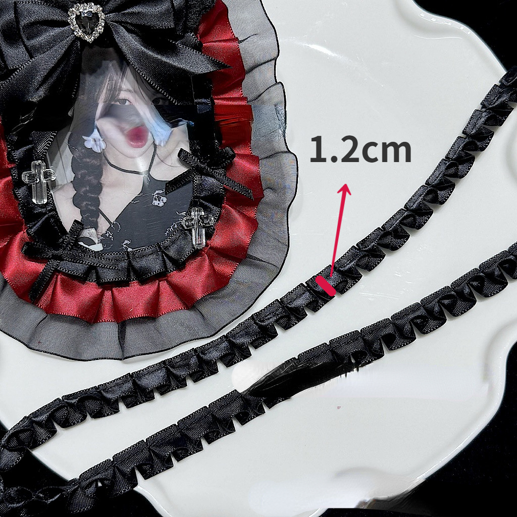 Cinta de encaje plisado de satén de Organza de doble capa, 1 metro, 3,8 CM de ancho, bolsas de Lolita, tela decorativa, adorno de volantes, decoración de bolsa Ita DIY: Negro