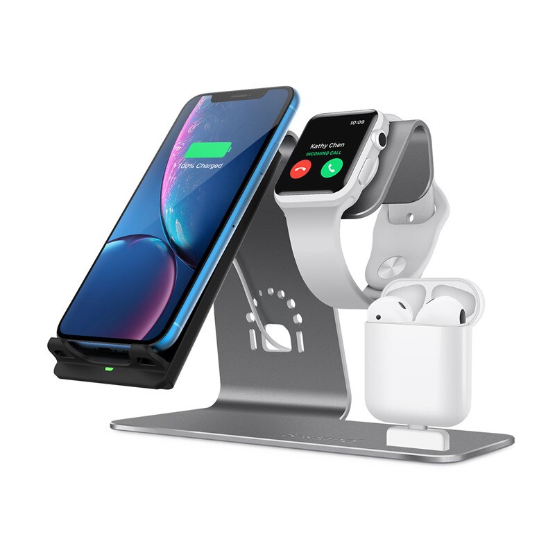 3 in 1 qi draadloze oplader met houder voor airpods smartwatch telefoon tablet desktopstandaard voor iphone ipad samsung xiaomi huawei: Grijs