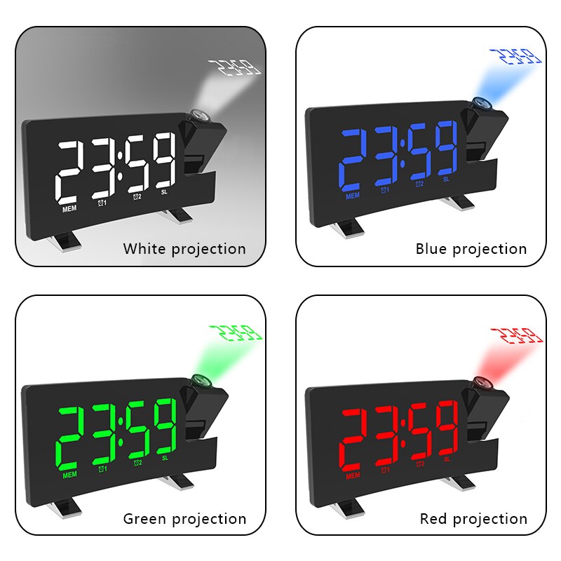 Projection Alarm Clock Digital Ceiling Display 180 Degree Projector Dimmer Radio Battery Backup Wall Time Projection