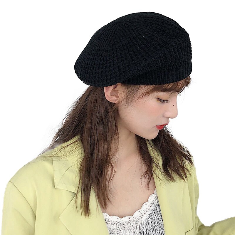 Efterår vinter strikket baret kvindelig japansk blød søster søde britiske hatte maler sød farve hætter sort grøn gul: 2