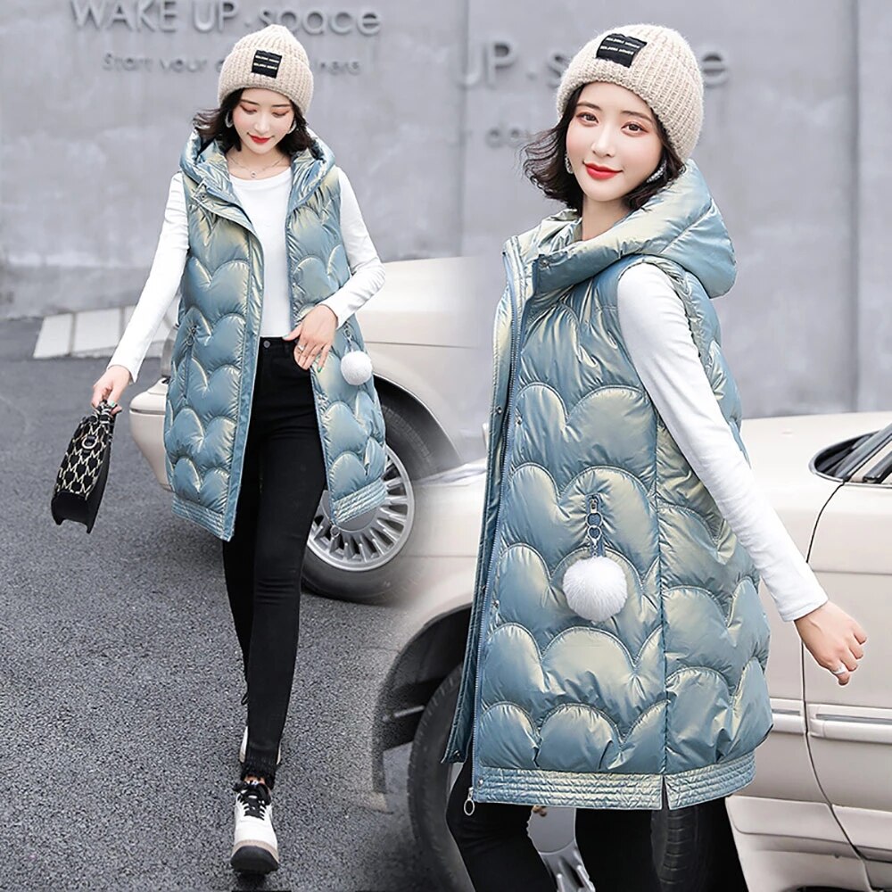Solid Hooded Vrouwen Winter Vest Lange Stijl Dikke Vrouwelijke Mouwloos Vest Katoen Gewatteerde Vest Jasje Met Pocket Uitloper: Blauw / M