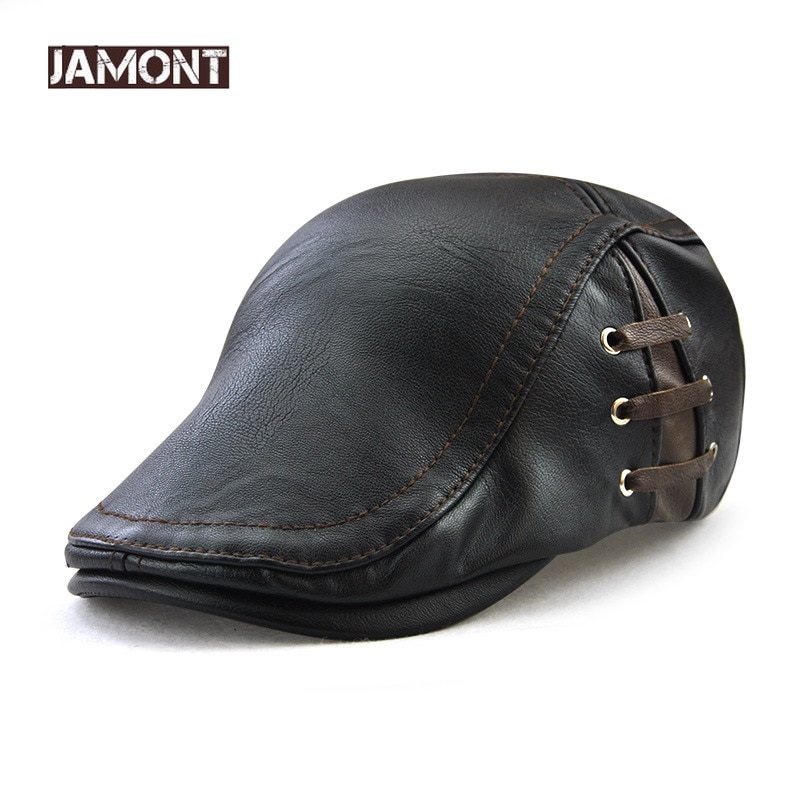 JAMONT PU Leather Caps Windproof Man Beret Bandage Hat Spring Flat Cap Casquette Warm Side Strap Boina Masculina