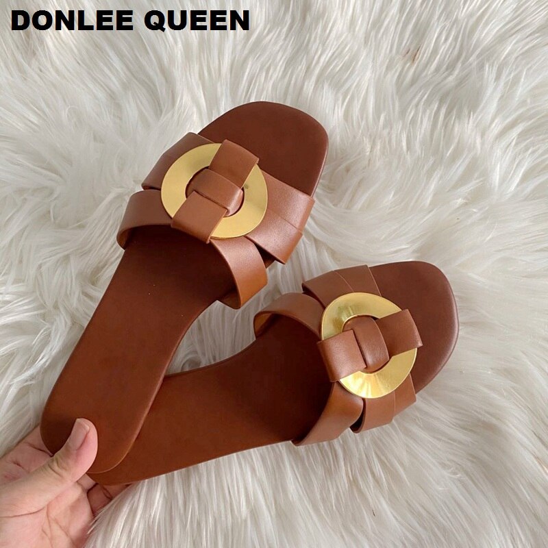 Zomerslippers damesmerk slide flat casual sandaal dames strand slippers metalen gesp pantoffel grote maat 41 schoenen vrouw