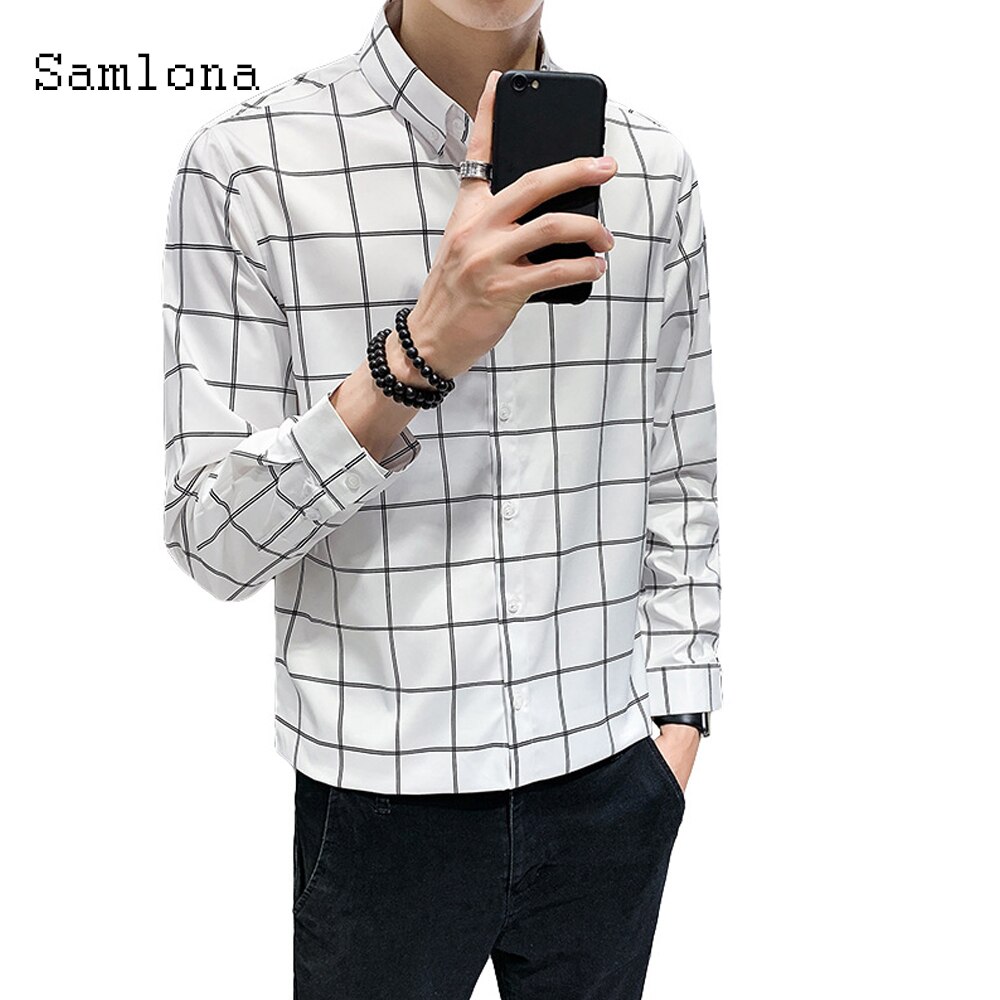 Samlona fritidsskjorte menn sommer rutete skjorter lange armer topper bluse koreansk stil menn single breasted skjorte herre klær