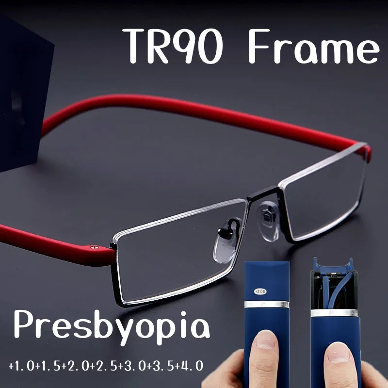 Gafas de lectura flexibles de medio marco con caja para hombres y mujeres, gafas portátiles antiazules, gafas para presbicia Unisex + 1,0 a + 4,0