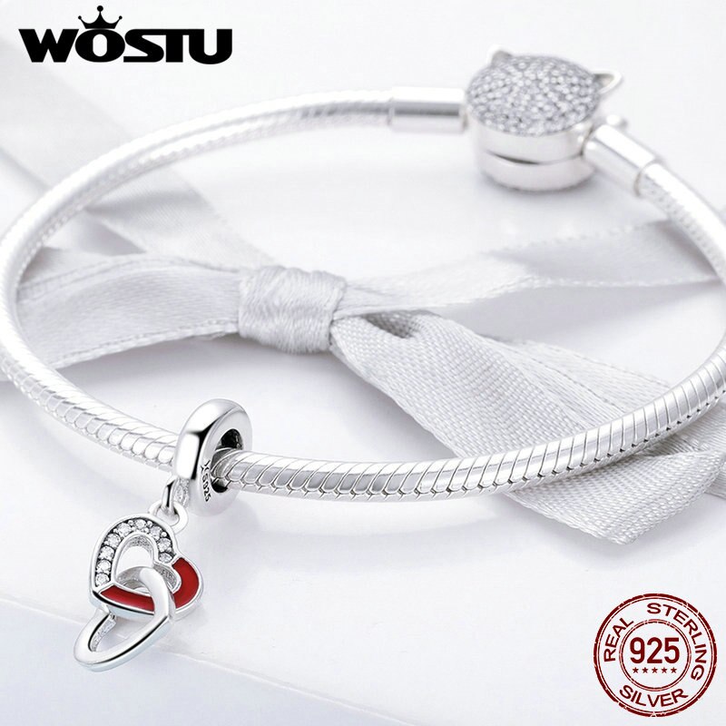 Wostu real 925 prata esterlina entrelaçados corações pingente charme ajuste contas pulseira colar diy jóias amante presente fic735