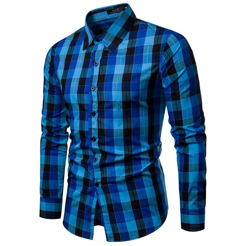 WSGYJ Men Plaid Shirt Long Sleeve Shirts Casual Multi-color Checkered Cotton Chemise Homme: Royal Blue Shirt / Asian S