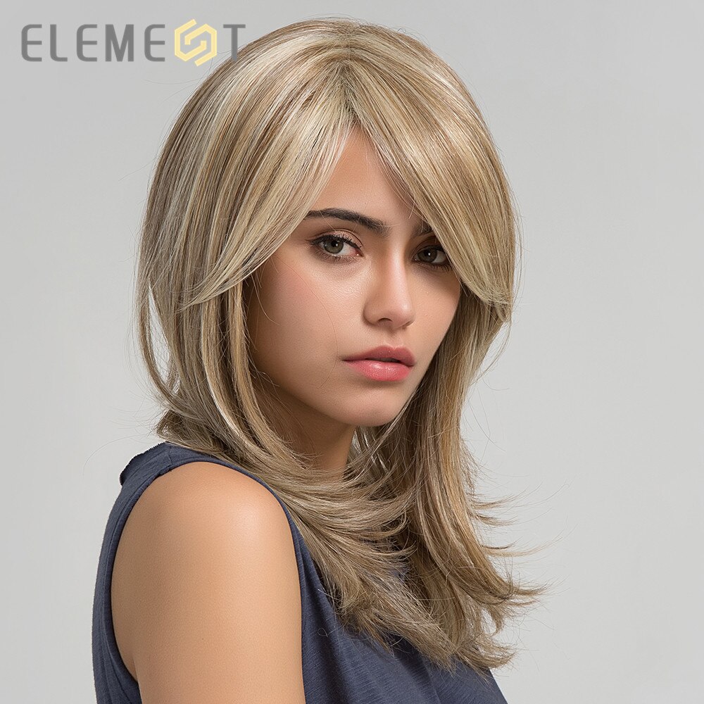 Element Synthetische Lange Rechte Haar Licht Bruin Mix Blonde Pruiken Met Pony Kant Voor Wit/Zwart Vrouwen Daily Wear