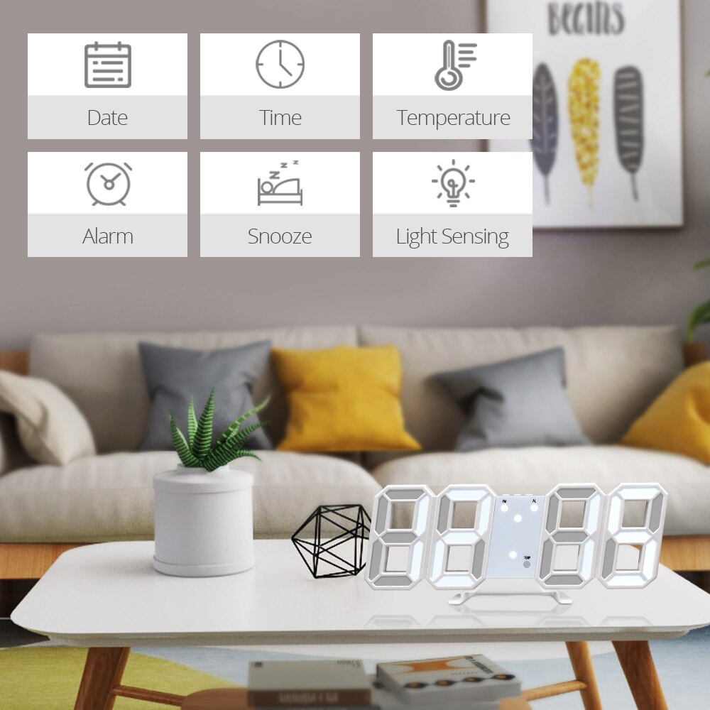 3D Digital Electronic Alarm Clock Hanging Wall Clock 12/24 Hour Calendar Thermometer Snooze Bedroom Desk Office Table Decoration