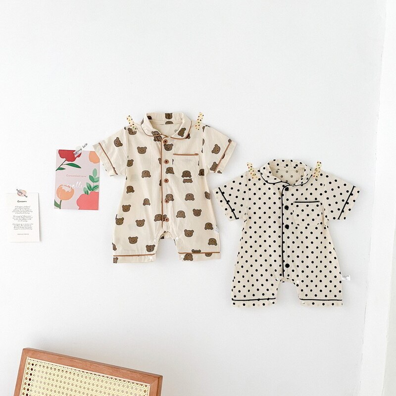 2022 Zomer Koreaanse Stijl Baby Meisje Jongen Romper Beer Dot Korte Mouwen Turn-Down Kraag Jumpsuit Kind Kleding e2375