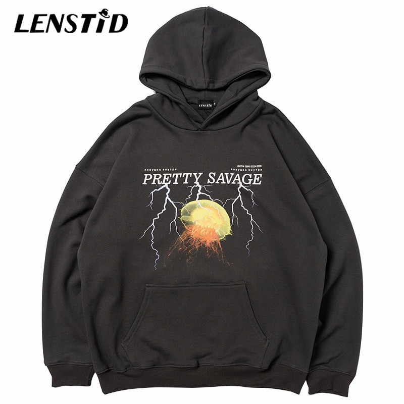 LENSTID Hip Hop Lightning Hoodie Pullover Hoodies Men Autumn Winter Fleece Streetwear Harajuku Cotton Hipster Sweatshirts