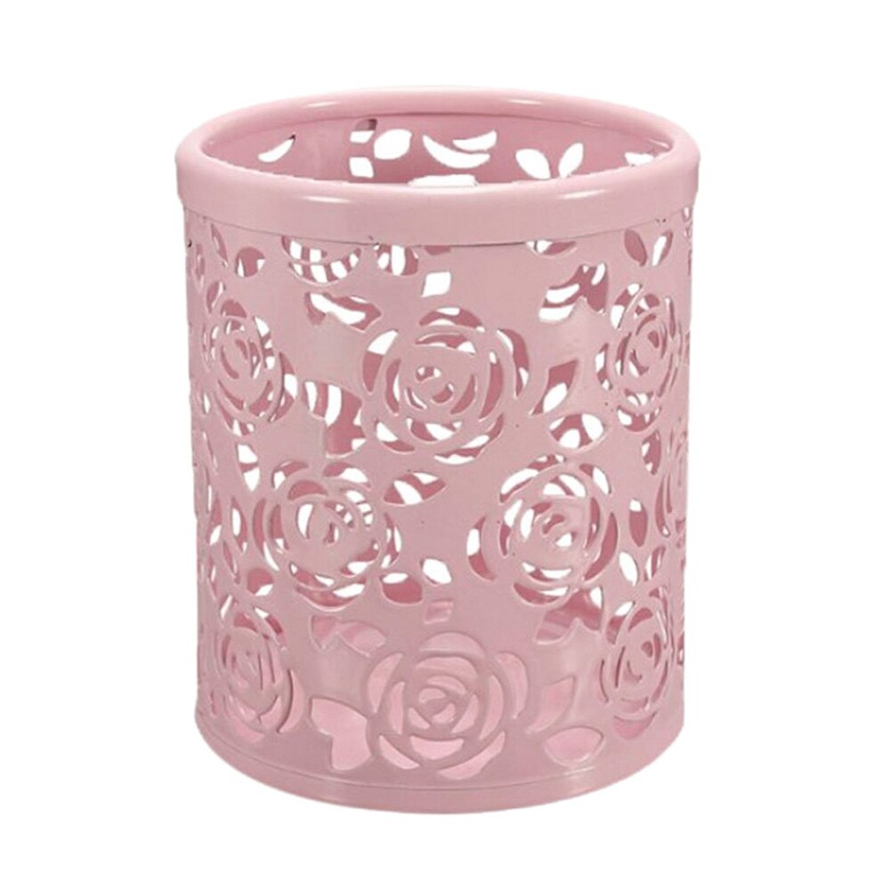 Metal hollow rose flower cylindrical pen pen holder holder container retro makeup brush holder office storage XH8Z: Pink