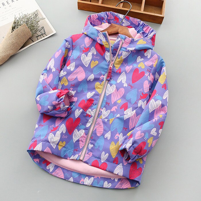 Autumn Winter Fleece Jacket Girls Kids Outerwear Cute Windbreaker Coats Print heart Pattern Baby Children Clothing: SG52-2 Light purple / 2T