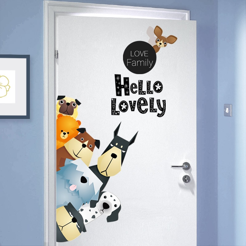 Cartoon Dogs Wall Stickers Lovely Family Vinyl Decals for Door Children Room Home Decor Door Sticker PVC Wall Decals/Adhesive
