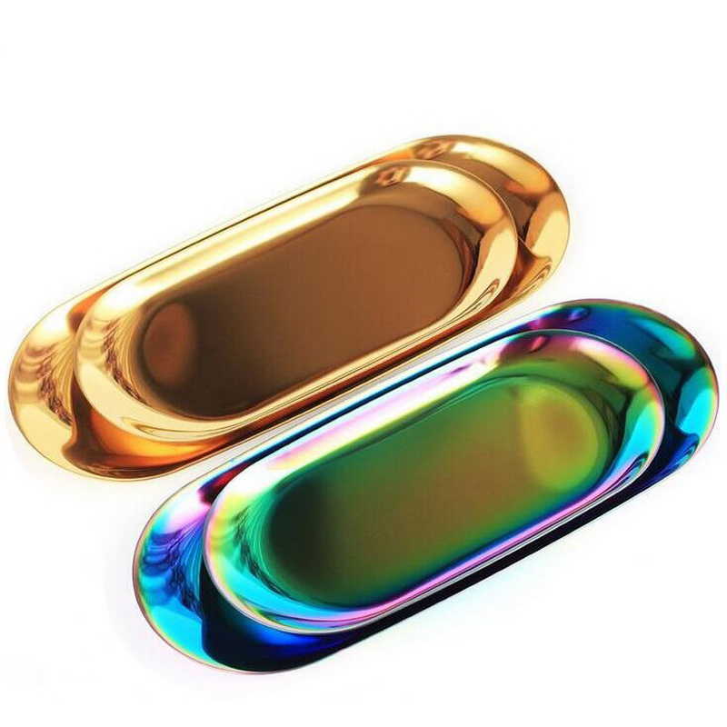 Nordeuropæisk guld dekoration plader dessert metal bakke ins smykker ring opbevaring bakke til cupcake ellipse sølv/rosa guld
